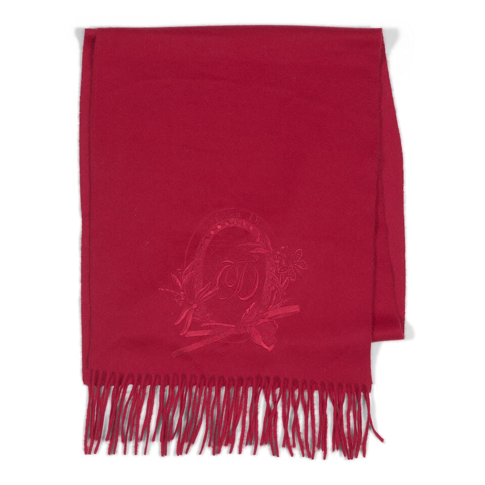 CHRISTIAN DIOR: RED EMBROIDERED SCARF: CHRISTIAN DIOR: RED EMBROIDERED SCARF • Measures 37 cm x 192 cm OVERALL CONDITION: Very Good | Light signs of wear throughout. The Condition Report represents Bonhams' reasonable opinion as to t
