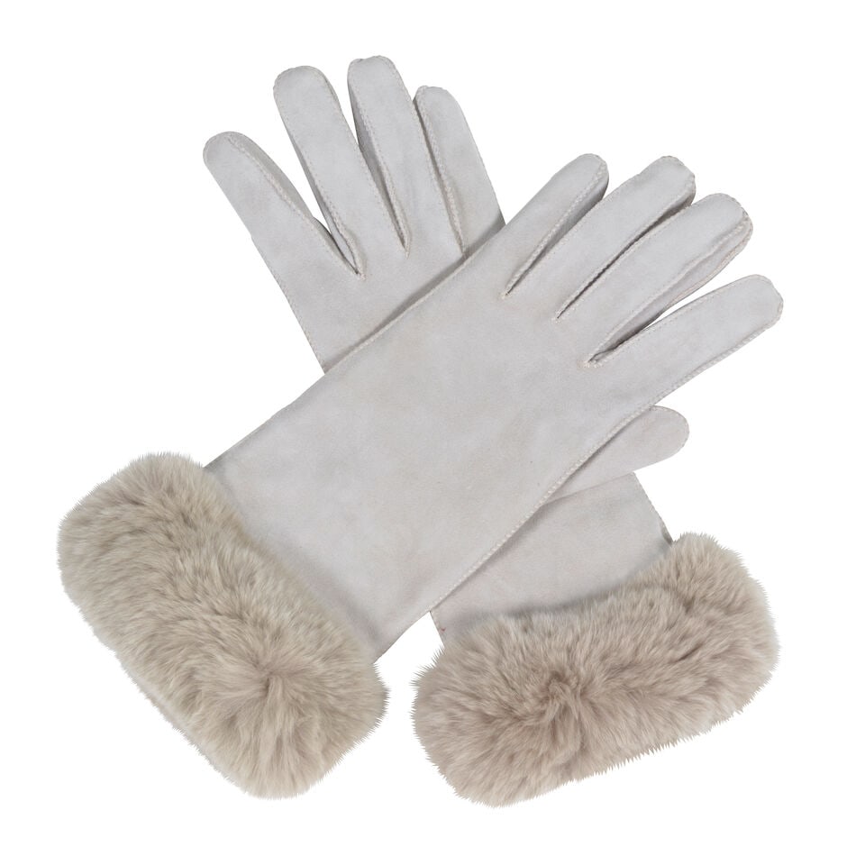 LORO PIANA: LIGHT GREY SUEDE GLOVES WITH FUR TRIM (1 of 1)