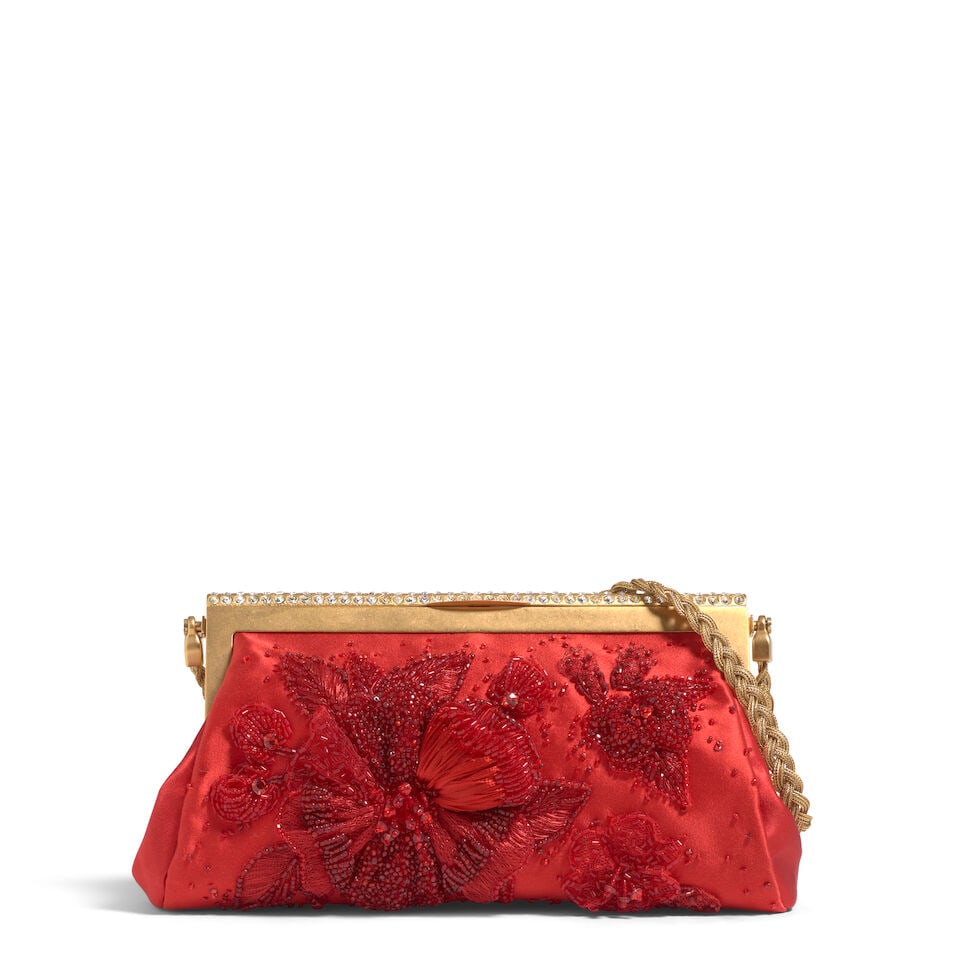 VALENTINO: RED EMBROIDERED SATIN FRAME BAG (1 of 2)