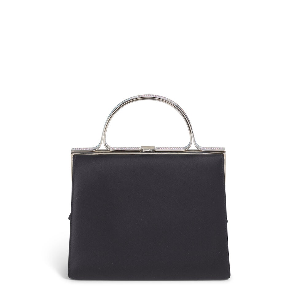 JUDITH LEIBER: CRYSTAL EMBELLISHED BLACK SATIN TOP HANDLE FRAME BAG (1 of 2)