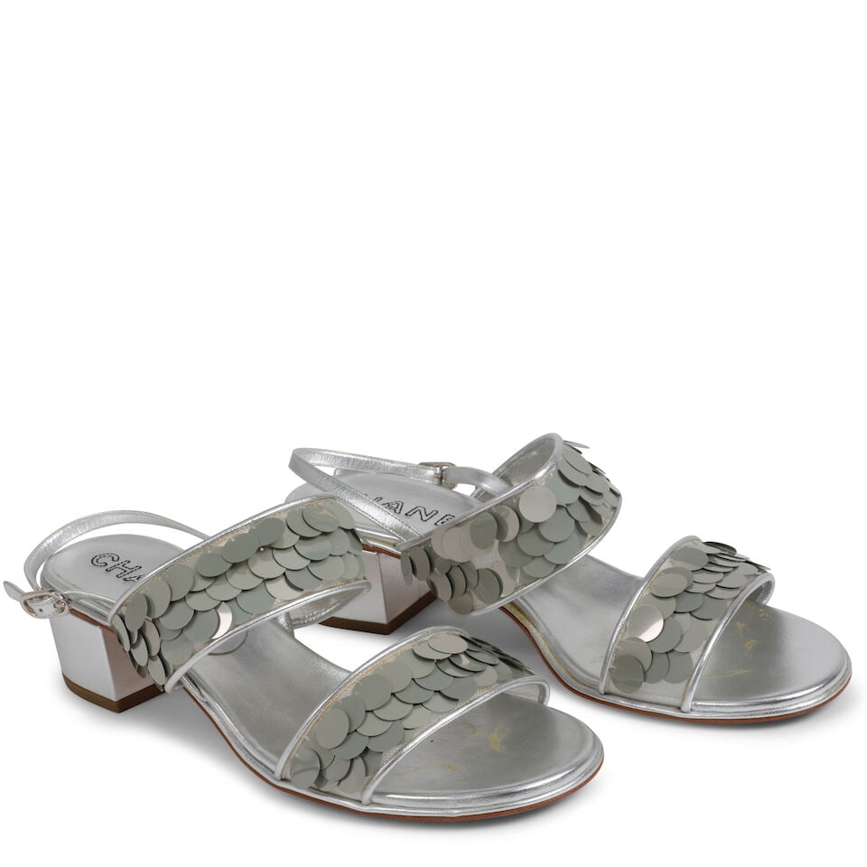 CHANEL: BLOCK HEEL SANDALS WITH PAILLETTE DETAIL 2017: CHANEL: BLOCK HEEL SANDALS WITH PAILLETTE DETAIL 2017 • Marked Size 39 1/2 Footnotes: OVERALL CONDITION: Good | Wear on soles. Slight glue residue. Residue markings on silver exterior. The Condi