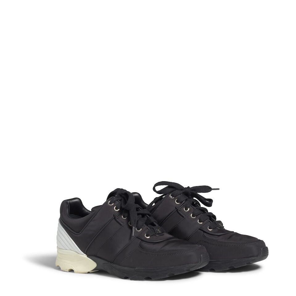 CHANEL: BLACK NYLON SNEAKERS WITH WHITE INSET DETAIL (1 of 1)