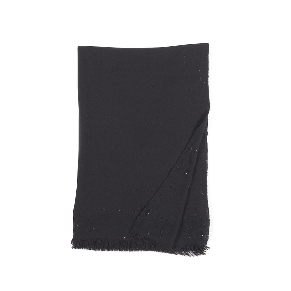 LORO PIANA: BLACK CASHMERE SCARF WITH SEQUIN TRIM DETAIL (1 of 3)