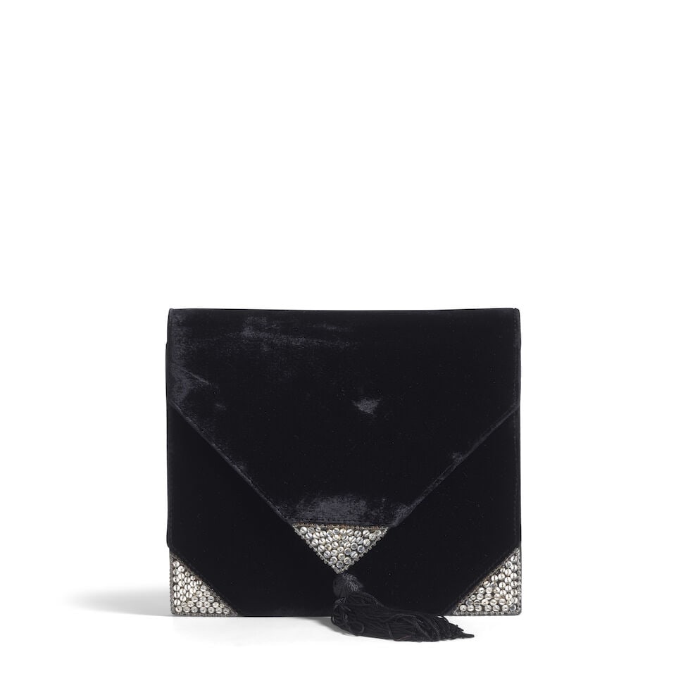 VALENTINO: BLACK VELVET EMBELLISHED EVENING BAG WITH TASSEL (1 of 3)