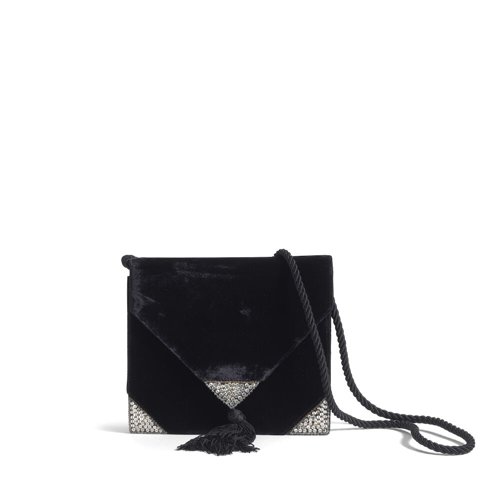 VALENTINO: BLACK VELVET EMBELLISHED EVENING BAG WITH TASSEL - 2