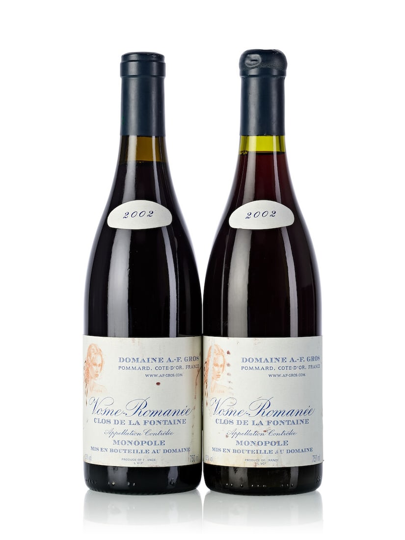 Domaine A-.F. Gros Vosne Romanée Clos de La Fontaine, 2002 (9x 750ml): Domaine A-.F. Gros Vosne Romanée Clos de La Fontaine, 2002 (9x 750ml) Region: Burgundy Capsule: 2x corroded Cork: 2x signs of old seepage Label: 2x slightly marked, 6x marked, 4x scuffed, 1x