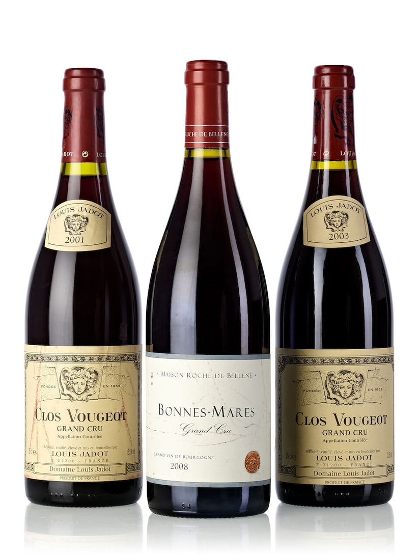 Louis Jadot Clos Vougeot, 2001 (1x 750ml) Louis Jadot Clos Vougeot, 2003 (1x 750ml) Maison Roc...: Louis Jadot Clos Vougeot, 2001 (1x 750ml) Region: Burgundy Label: scuffed Louis Jadot Clos Vougeot, 2003 (1x 750ml) Region: Burgundy Label: slightly marked Maison Roche de Bellene Bonnes Mares, 2008