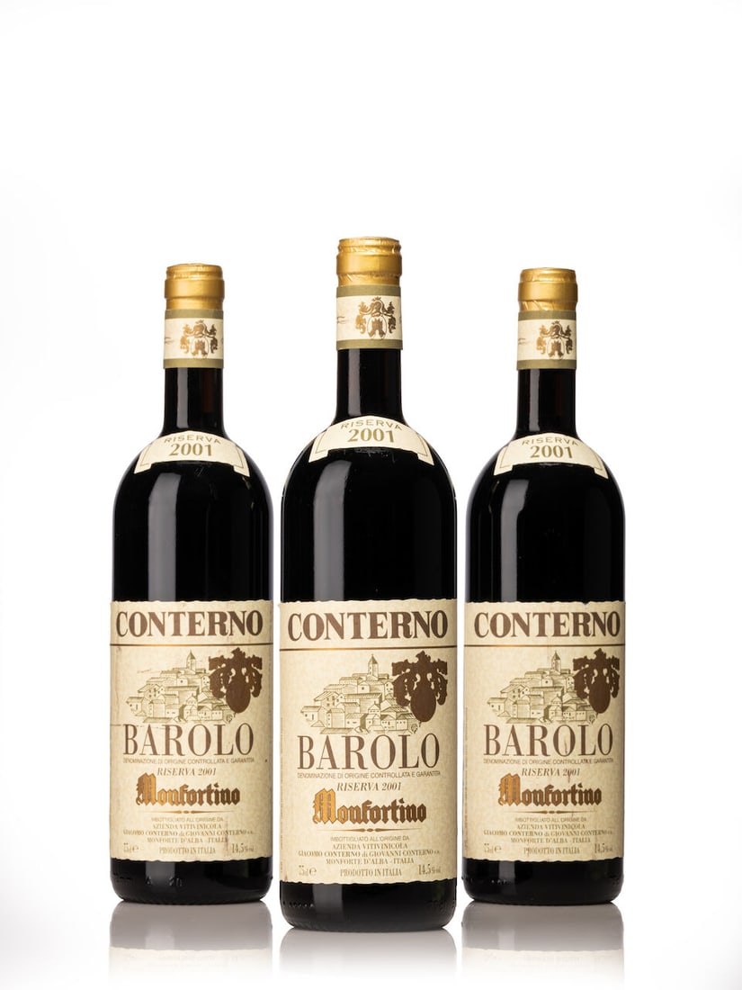 Giacomo Conterno Barolo Riserva Monfortino, 2001 (12x 750ml): Giacomo Conterno Barolo Riserva Monfortino, 2001 (12x 750ml) Region: Italy Label: 10x scuffed Lot to be sold without reserve. For further information on this lot please visit Bonhams.com For further i