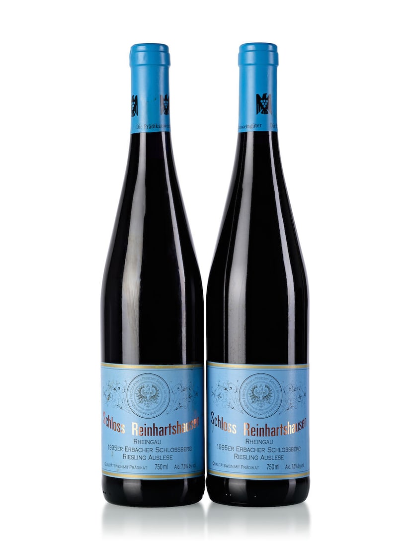 Schloss Reinhartshausen Erbacher Schlossberg Riesling Auslese, 1995 (9x 750ml): Schloss Reinhartshausen Erbacher Schlossberg Riesling Auslese, 1995 (9x 750ml) Region: Germany Fill Level: 3x 1cm, 3x 2cm, 1x 2.5cm, 2x 3cm Cork: 9x signs of old seeapage Label: 8x stained, 1x