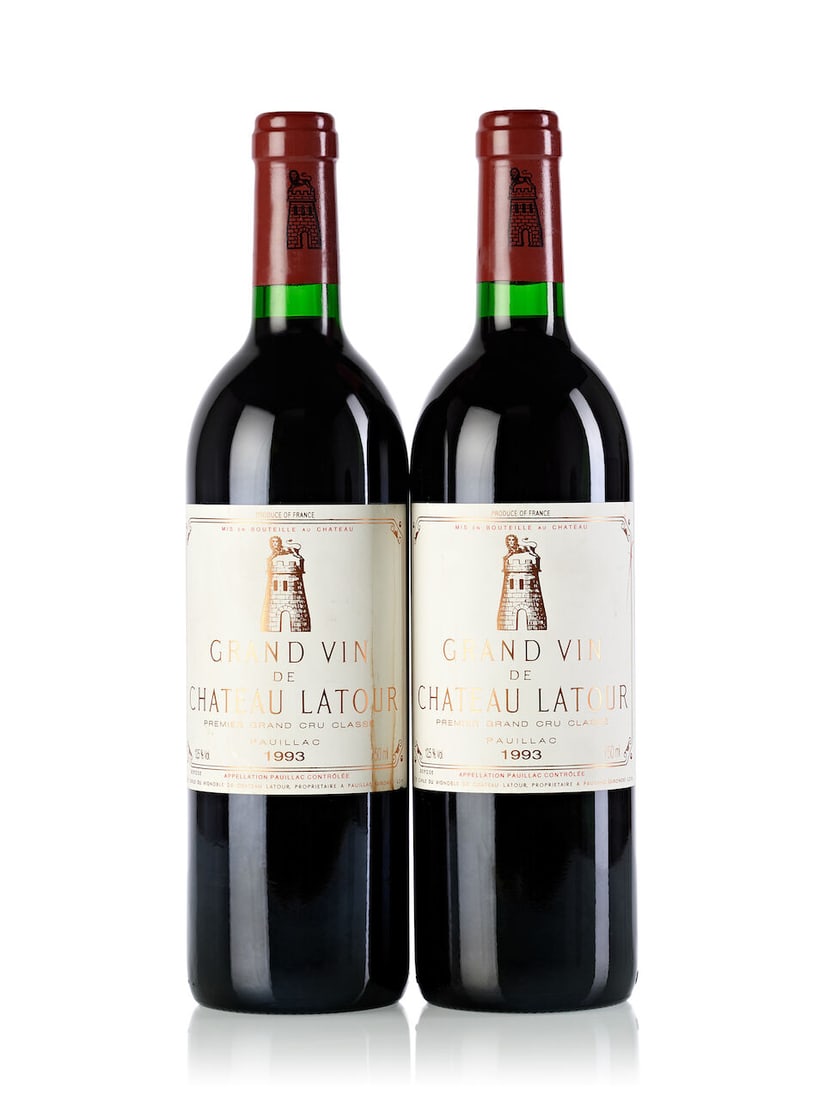 Château Latour, 1993 (2x 750ml): Château Latour, 1993 (2x 750ml) Region: Bordeaux Fill Level: 2x into neck Label: 1x slgihtly marked, 1x slightly stained For further information on this lot please visit Bonhams.com For