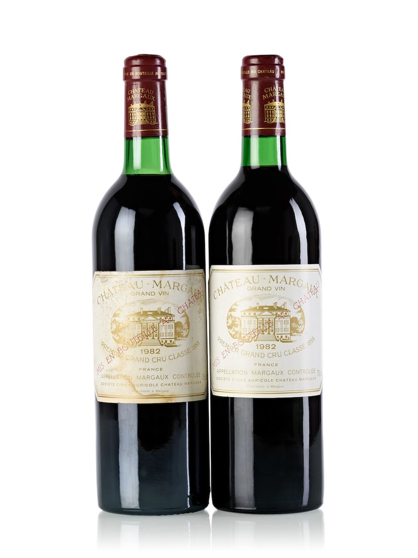 Château Margaux, 1982 (2x 750ml): Château Margaux, 1982 (2x 750ml) Region: Bordeaux Fill Level: 1x base neck, 1x very top shoulder Label: 1x slightly bin-soiled and damp-stained For further information on this lot please visit Bo
