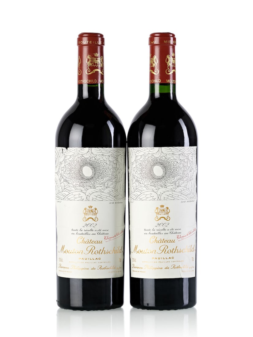 Château Mouton Rothschild, 2002 (2x 750ml): Château Mouton Rothschild, 2002 (2x 750ml) Region: Bordeaux Fill Level: 2x into neck Label: 1x slightly torn, 2x slightly wrinkled For further information on this lot please visit Bonhams.com For