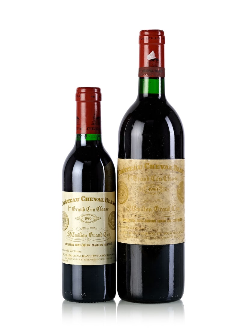 Château Cheval Blanc, 1990 (1x 375ml) Château Cheval Blanc, 1990 (1x 750ml): Château Cheval Blanc, 1990 (1x 375ml) Region: Bordeaux Fill Level: base neck Château Cheval Blanc, 1990 (1x 750ml) Region: Bordeaux Fill Level: base neck Capsule: slightly scuffed,