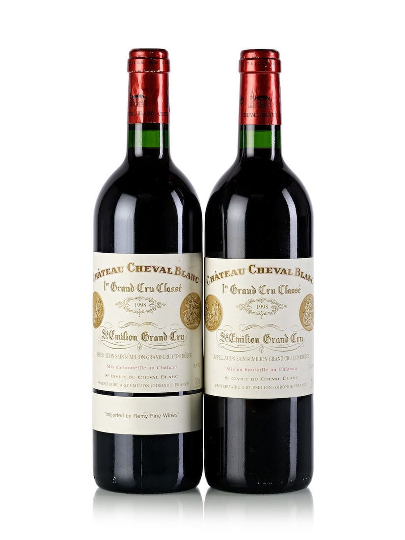 Château Cheval Blanc, 1998 (2x 750ml): Château Cheval Blanc, 1998 (2x 750ml) Region: Bordeaux Fill Level: 2x into neck Capsule: 1x slightly loose Label: 1x slightly marked and slightly scuffed, 1x HK importer strip label For further