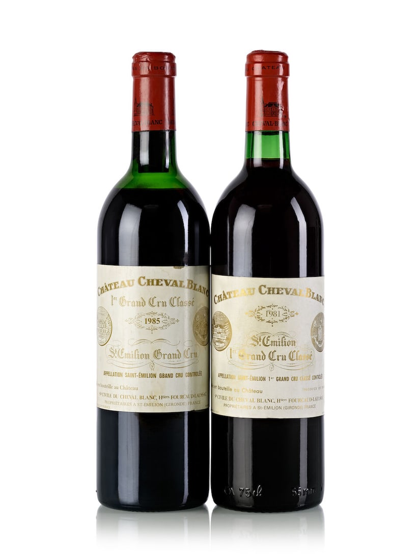 Château Cheval Blanc, 1981 (1x 750ml) Château Cheval Blanc, 1985 (1x 750ml): Château Cheval Blanc, 1981 (1x 750ml) Region: Bordeaux Fill Level: base neck Label: bin-soiled Château Cheval Blanc, 1985 (1x 750ml) Region: Bordeaux Fill Level: top shoulder Capsule:
