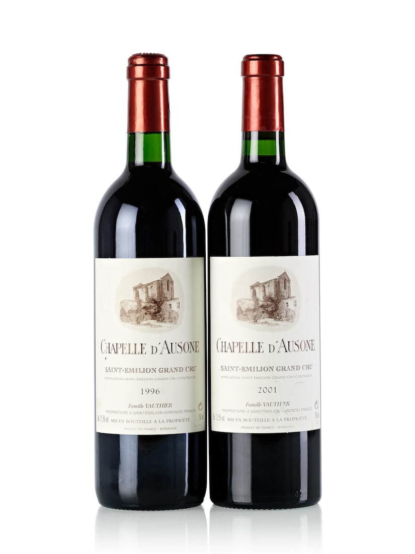 Chapelle d'Ausone, 1996 (1x 750ml) Chapelle d'Ausone, 2001 (4x 750ml): Chapelle d'Ausone, 1996 (1x 750ml) Region: Bordeaux Fill Level: into neck Label: slightly scuffed Chapelle d'Ausone, 2001 (4x 750ml) Region: Bordeaux Fill Level: 2x into neck, 2x base neck Cork: 3x sl