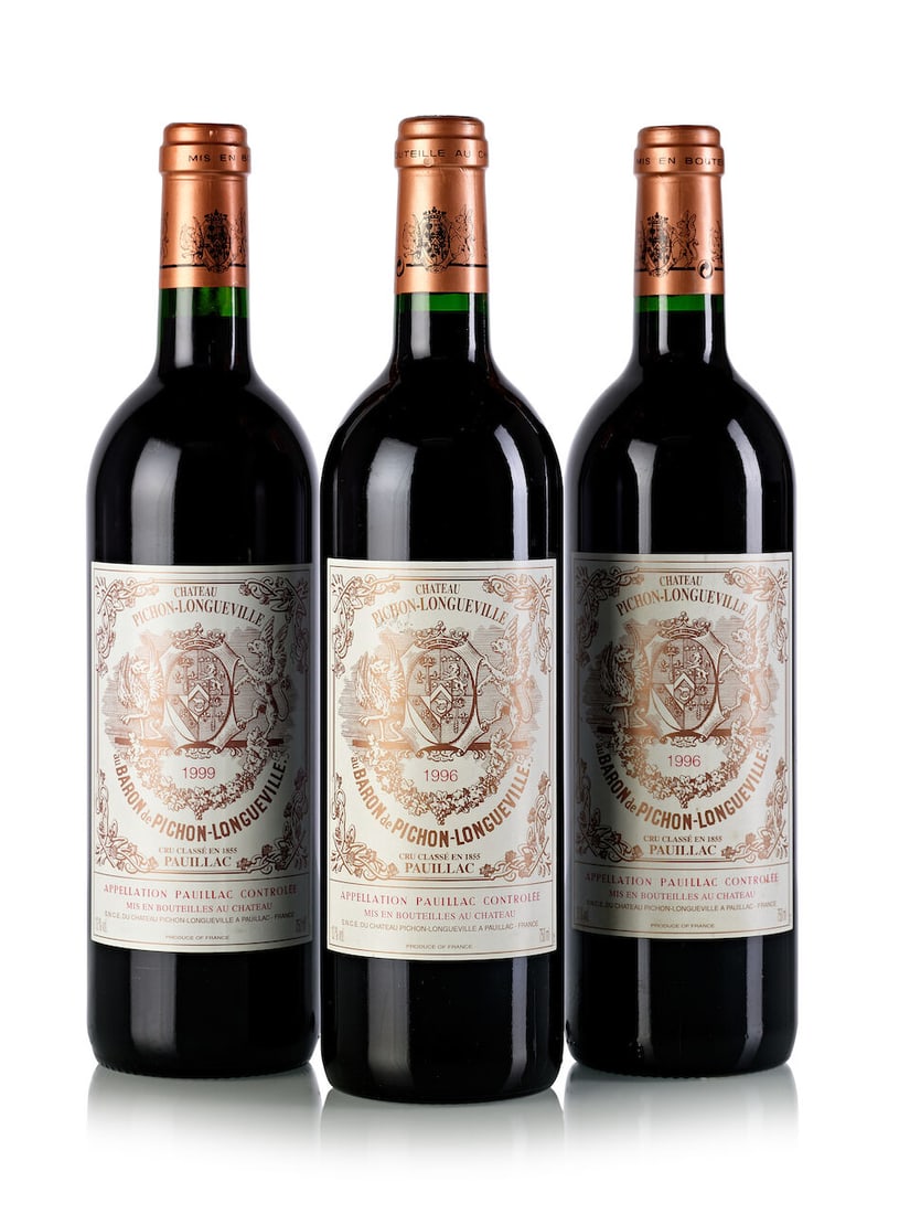 Château Pichon Baron, 1996 (2x 750ml) Château Pichon Baron, 1999 (1x 750ml): Château Pichon Baron, 1996 (2x 750ml) Region: Bordeaux Fill Level: 2x into neck Label: 2x slighty bin-soiled Château Pichon Baron, 1999 (1x 750ml) Region: Bordeaux Fill Level: into neck For
