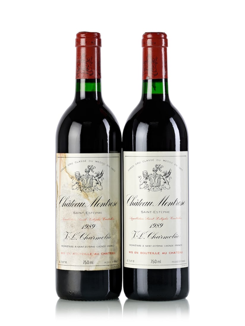Château Montrose, 1989 (2x 750ml): Château Montrose, 1989 (2x 750ml) Region: Bordeaux Fill Level: 2x into neck Capsule: 2x slightly scuffed, 1x slightly corroded Label: 1x heavily damp-stained, and heavily bin-soiled For further