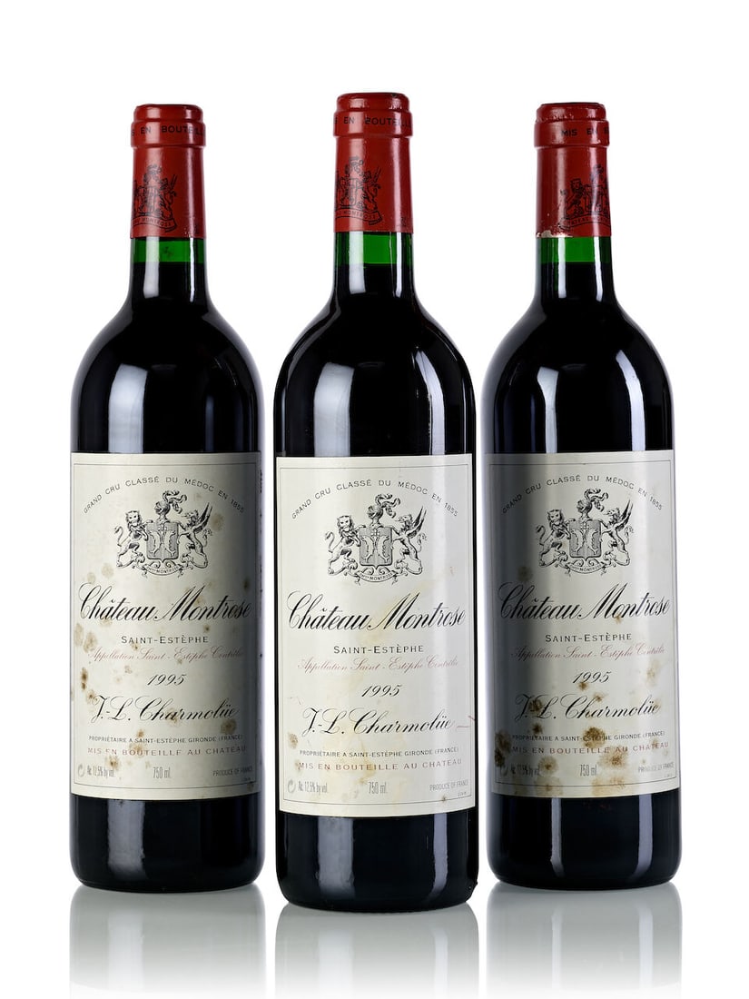 Château Montrose, 1995 (3x 750ml): Château Montrose, 1995 (3x 750ml) Region: Bordeaux Fill Level: 3x into neck Capsule: 3x slightly scuffed Label: 1x slightly bin-soiled, 1x bin-soiled, 1x heavily bin-soiled, 1x damp-stained For