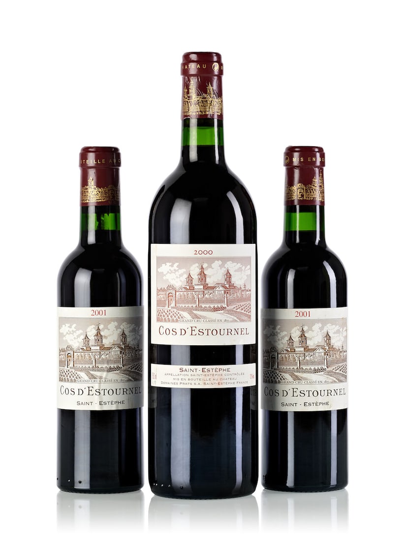 Château Cos d'Estournel, 2000 (1x 750ml) Château Cos d'Estournel, 2001 (2x 375ml): Château Cos d'Estournel, 2000 (1x 750ml) Region: Bordeaux Fill Level: into neck Label: slightly stained Château Cos d'Estournel, 2001 (2x 375ml) Region: Bordeaux Capsule: 1x slightly