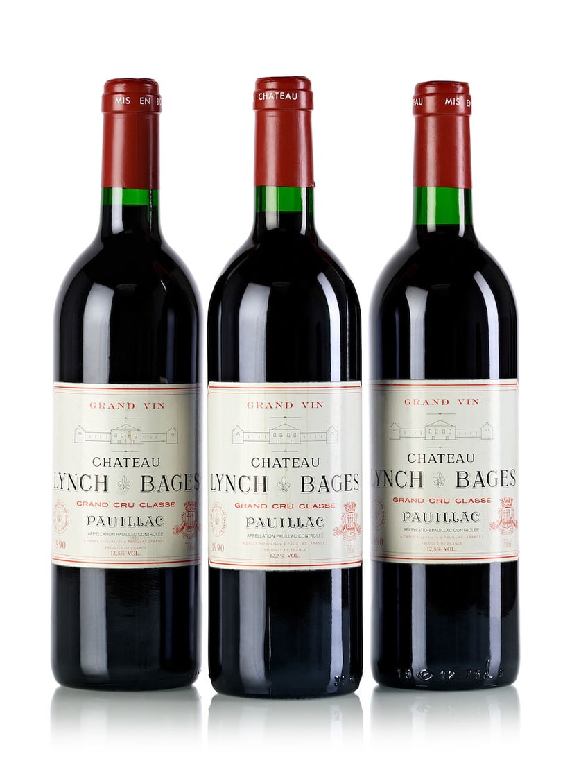 Château Lynch Bages, 1990 (3x 750ml): Château Lynch Bages, 1990 (3x 750ml) Region: Bordeaux Fill Level: 2x into neck, 1x base neck Cork: 1x slightly depressed Label: 3x slightly scuffed For further information on this lot please visi