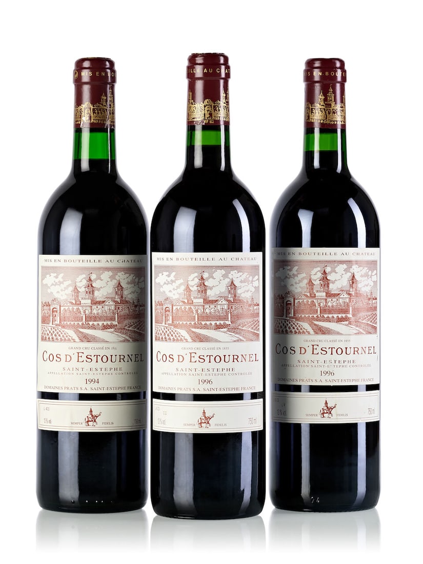 Château Cos d'Estournel, 1994 (1x 750ml) Château Cos d'Estournel, 1996 (2x 750ml): Château Cos d'Estournel, 1994 (1x 750ml) Region: Bordeaux Fill Level: into neck Label: slightly wrinkled and slightly bin-soiled Château Cos d'Estournel, 1996 (2x 750ml) Region: