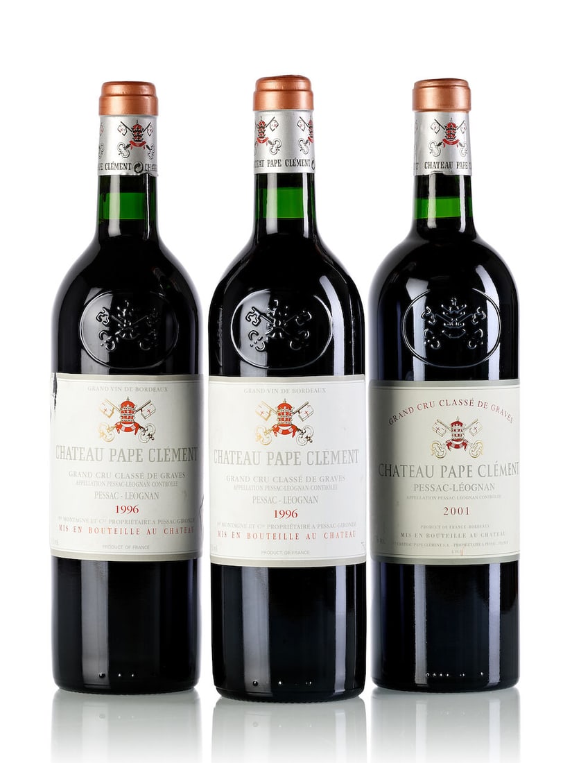 Château Pape Clément, 1996 (2x 750ml) Château Pape Clément, 2001 (1x 750ml) ...: Château Pape Clément, 1996 (2x 750ml) Region: Bordeaux Fill Level: 2x into neck Capsule: 1x slightly nicked Label: 1x slightly wrinkled, 2x slightly bin-soiled Château Pape