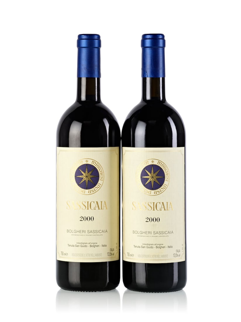 Sassicaia, 2000 (2x 750ml): Sassicaia, 2000 (2x 750ml) Region: Italy Fill Level: 2x into neck Label: 1x slightly wrinkled, 1x slightly bin-soiled For further information on this lot please visit Bonhams.com For further