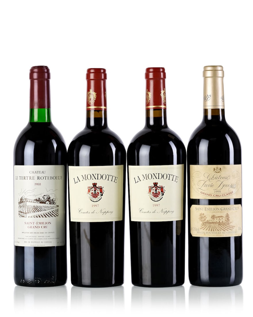Château Tertre Rôteboeuf, 1988 (1x 750ml) Château La Mondotte, 1997 (2x 750ml) ...: Château Tertre Rôteboeuf, 1988 (1x 750ml) Region: Bordeaux Fill Level: very top shoulder Label: slightly stained, slightly scuffed Château La Mondotte, 1997 (2x 750ml) Region: