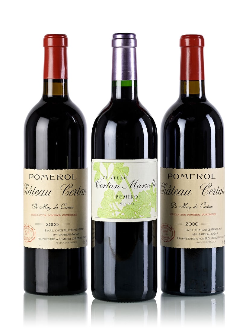 Château Certan de May, 2000 (2x 750ml) Château Certan Marzelle, 2000 (1x 750ml): Château Certan de May, 2000 (2x 750ml) Region: Bordeaux Fill Level: 2x base beck Cork: 1x slightly depressed Château Certan Marzelle, 2000 (1x 750ml) Region: Bordeaux Fill Level: into neck F