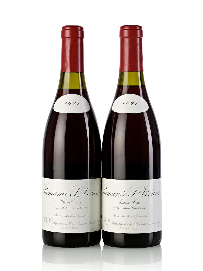 Domaine Leroy Romanée St. Vivant, 1997 (2x 750ml): Domaine Leroy Romanée St. Vivant, 1997 (2x 750ml) Region: Burgundy Fill Level: 1x 2cm, 1x 2.5cm Label: 1x slightly stained, 1x stained Miscellaneous: Production: 1756 bottles, consecutive bottle