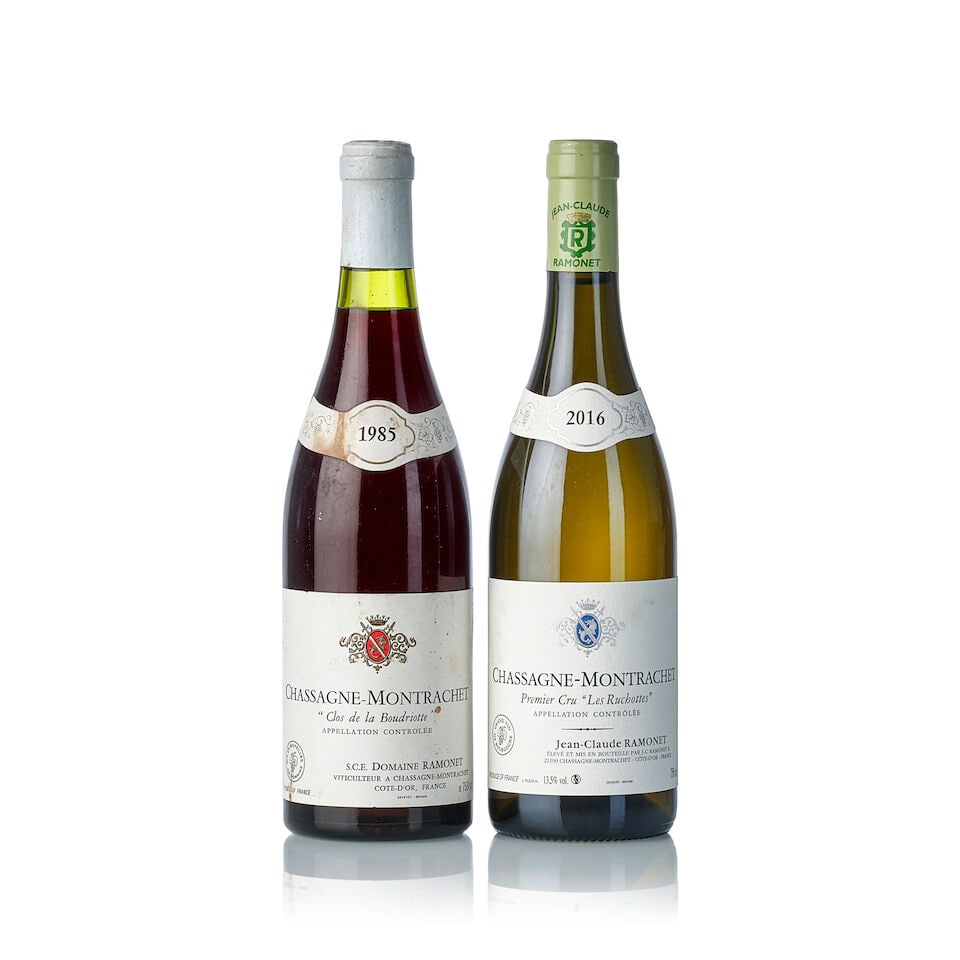 Domaine Ramonet Chassagne Montrachet Les Ruchottes, 2016 (1x 750ml) Domaine Ramonet Chassagne Mo...: Domaine Ramonet Chassagne Montrachet Les Ruchottes, 2016 (1x 750ml) Region: Burgundy Capsule: scuffed Label: slightly stained Domaine Ramonet Chassagne Montrachet 'Clos de la Boudriotte', 1985 (1x