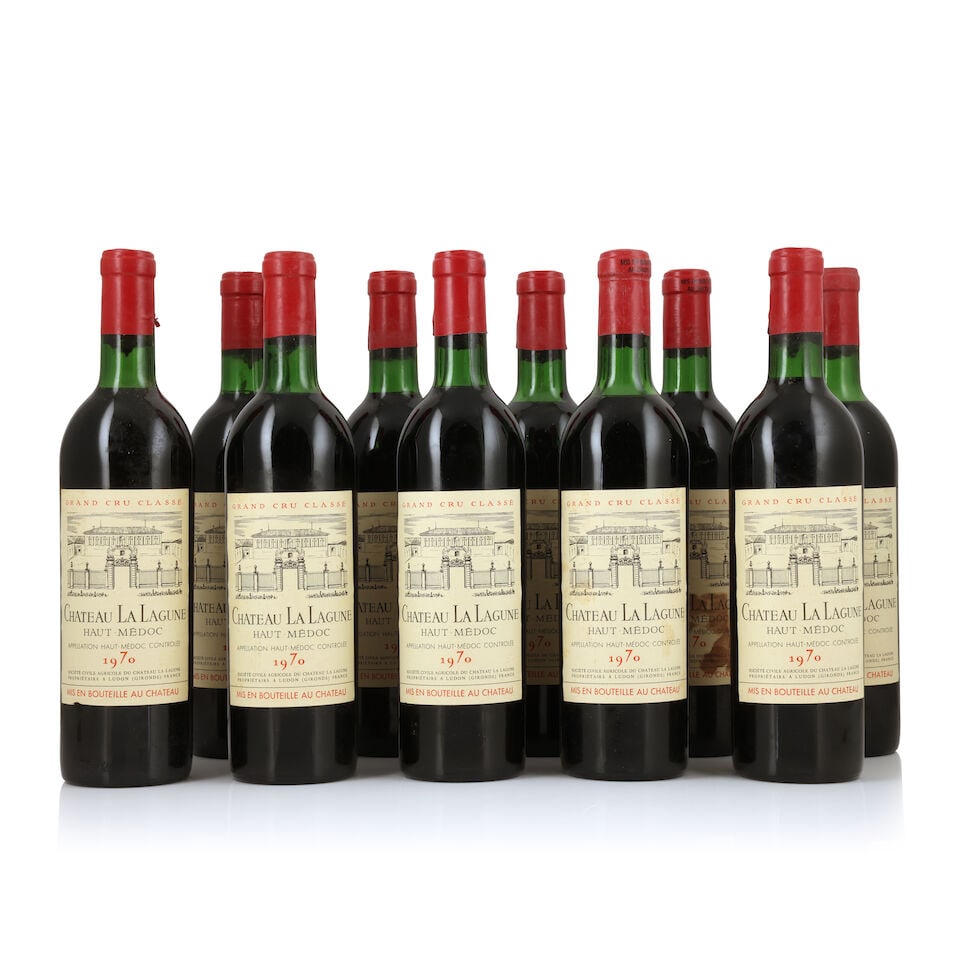 Château La Lagune, 1970 (10 x 750ml): Château La Lagune, 1970 (10 x 750ml) Region: Haut-Médoc Fill Level: 5 very top, 5 top shoulder Label: lightly bin-soiled & damp-affected - 2 stained Packaging: repacked from original wooden 