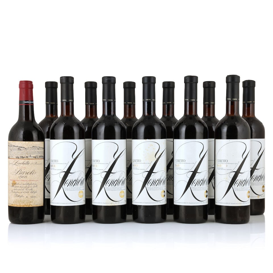 Ceretto, Barolo Zonchera, 1988 (11 x 750ml) Ceretto, Barolo Vigneto Zonchetta Brunate, 1968 (1 ...: Ceretto, Barolo Zonchera, 1988 (11 x 750ml) Region: Piedmont Fill Level: 7 very top Label: bin-soiled and damp-stained Ceretto, Barolo Vigneto Zonchetta Brunate, 1968 (1 x 750ml) Region: Piedmont Fill