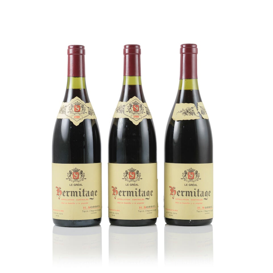 H. Sorrel, Hermitage Le Gréal, 1989 (3 x 750ml): H. Sorrel, Hermitage Le Gréal, 1989 (3 x 750ml) Region: Rhône Valley Label: lightly bin-soiled and nicked labels - 2 peeling; 1 torn, peeling & incomplete vintage label - believed 1989 (from
