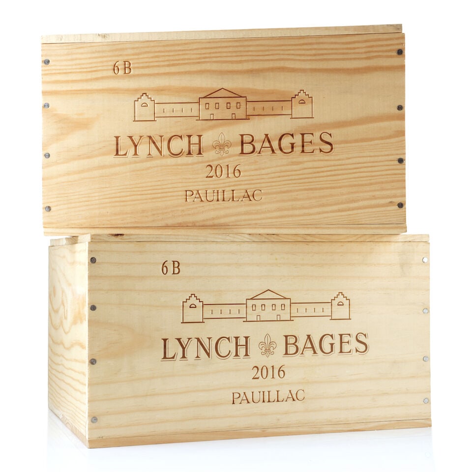 Château Lynch-Bages, 2016 (12 x 750ml): Château Lynch-Bages, 2016 (12 x 750ml) Region: Pauillac Packaging: 2 x original wooden cases This lot is subject to the following lot symbols: Δ Δ VAT at the prevailing rate on Hammer P