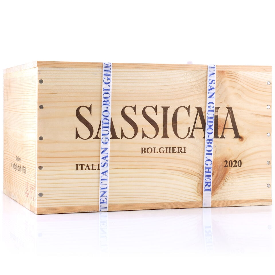 Tenuta San Guido, Sassicaia, 2020 (6 x 750ml): Tenuta San Guido, Sassicaia, 2020 (6 x 750ml) Region: Tuscany Packaging: original wooden case This lot is subject to the following lot symbols: Δ Δ VAT at the prevailing rate on Hammer Price