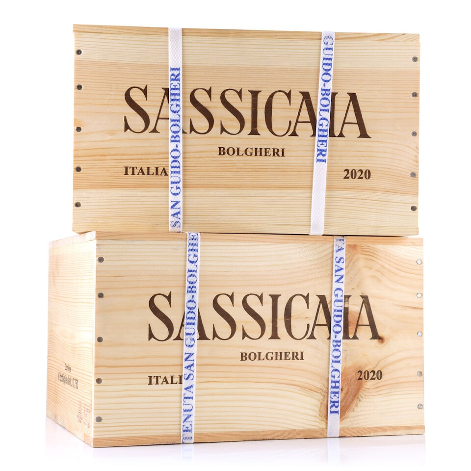 Tenuta San Guido, Sassicaia, 2020 (12 x 750ml): Tenuta San Guido, Sassicaia, 2020 (12 x 750ml) Region: Tuscany Packaging: 2 x original wooden cases This lot is subject to the following lot symbols: Δ Δ VAT at the prevailing rate on Hammer