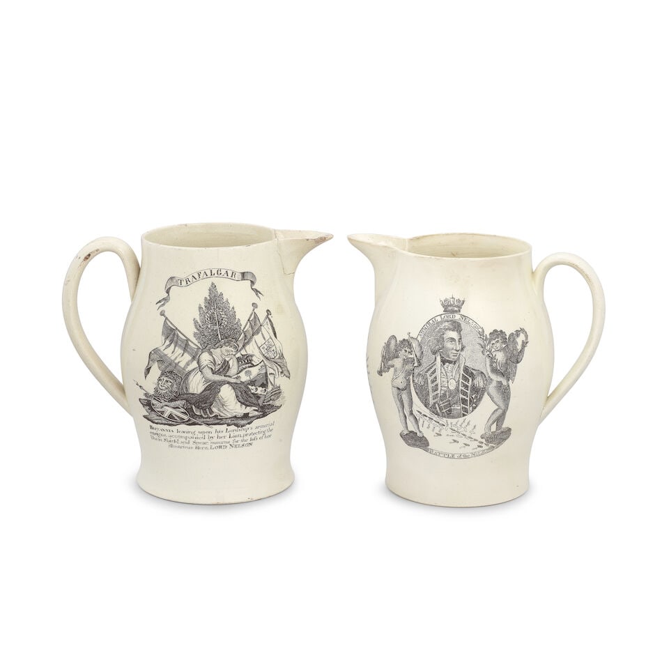 The Nile and Trafalgar: Two creamware jugs, circa 1805-10: The Nile and Trafalgar: Two creamware jugs, circa 1805-10 Printed in black, the first with a portrait of Nelson, putti representing Fame and Victory flanking an annotated plan of the 'BATTLE of the NI
