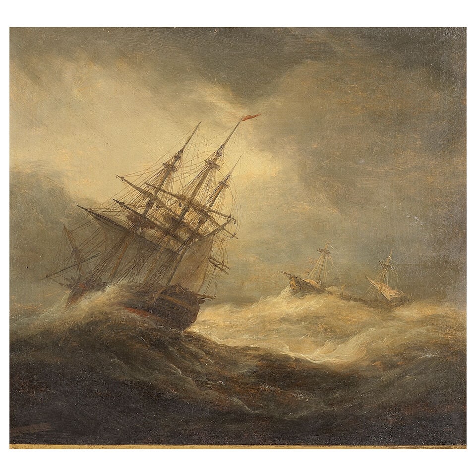 Thomas Luny (British, 1759-1837) Two ships weathering a severe storm, one dis-masted and clearly... (1 of 3)