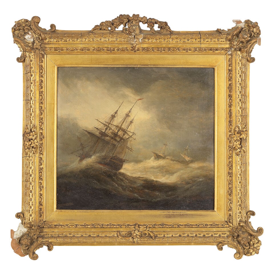 Thomas Luny (British, 1759-1837) Two ships weathering a severe storm, one dis-masted and clearly... - 2