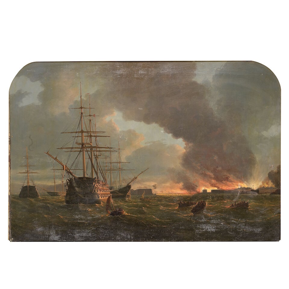 Circle of Thomas Luny (British, 1759-1837) A naval bombardment (1 of 3)