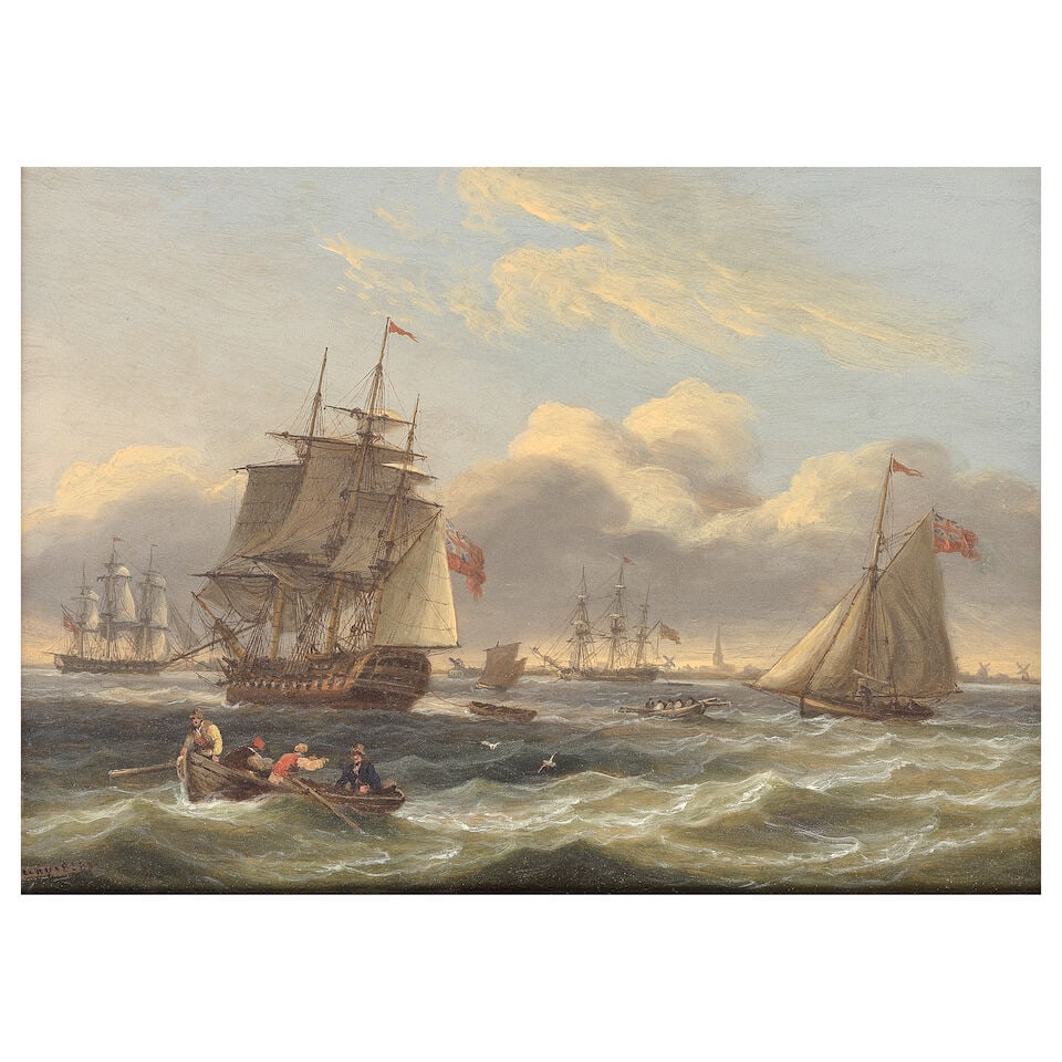 Thomas Luny (British, 1759-1837) Men-o-War and smaller craft riding a heavy swell in Yarmouth Roads (1 of 3)