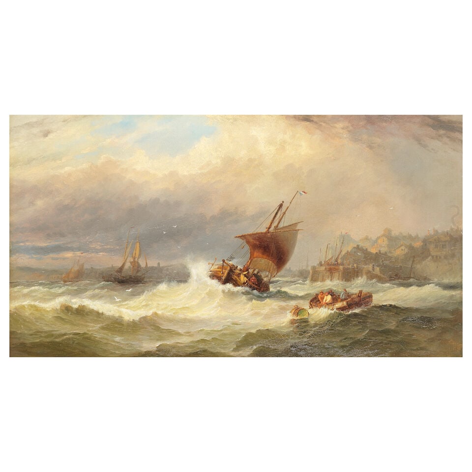 George Gregory (British, 1849-1938) Fishermen battling waves before a harbour (1 of 3)