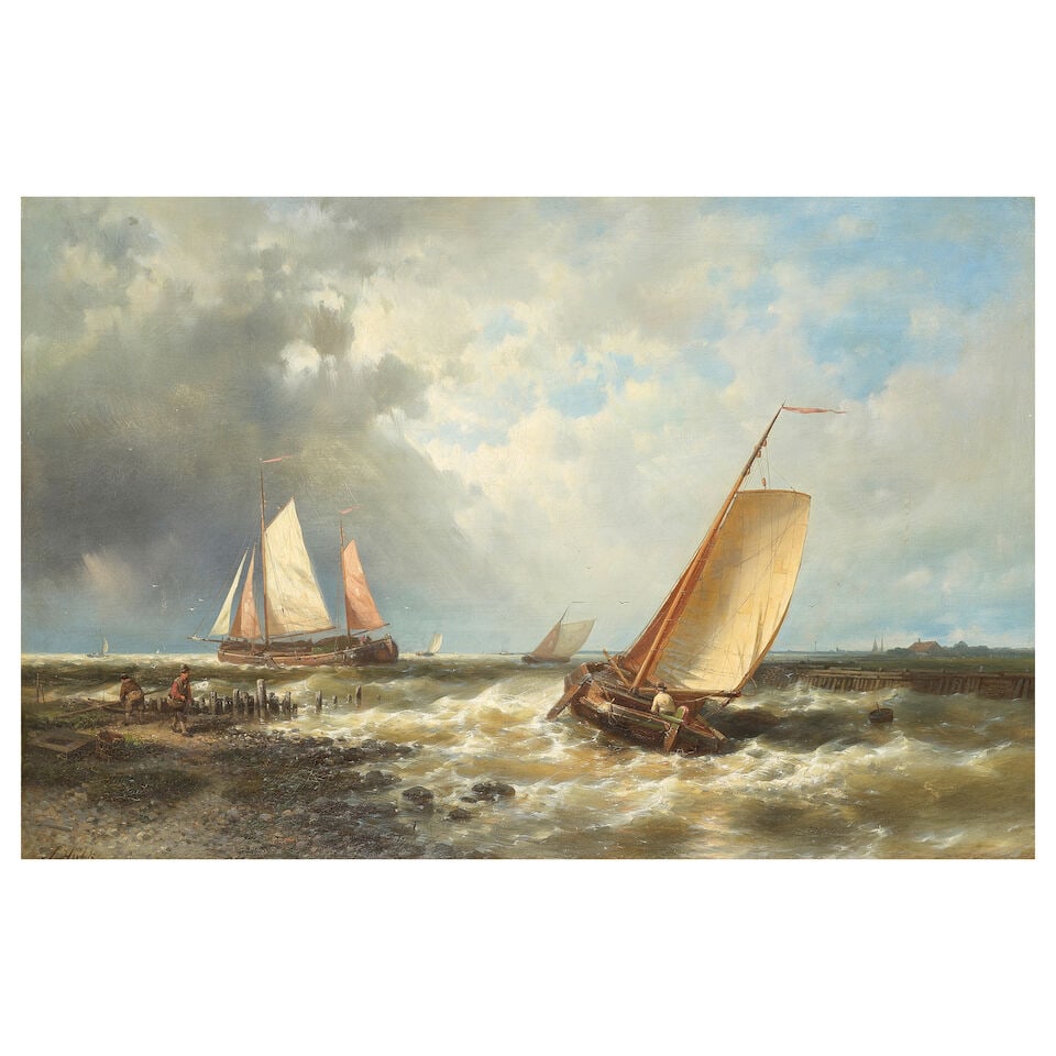 Abraham Hulk (Dutch, 1813-1897) Fishing boats heading out to sea: Abraham Hulk (Dutch, 1813-1897) Fishing boats heading out to sea signed 'A.Hulk' (lower left) oil on canvas 57.5 x 87.6cm (22 5/8 x 34 1/2in). For further information on this lot please visit Bonhams.