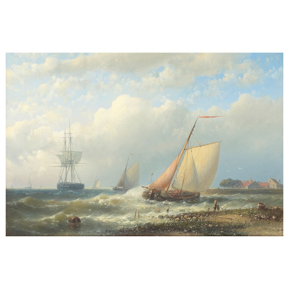 Abraham Hulk (Dutch, 1813-1897) A fishing boat on the shore with other vessels in the distance (1 of 3)