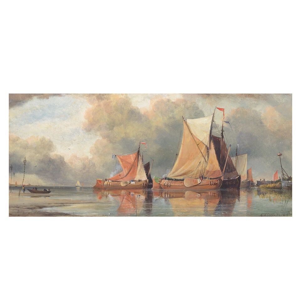 Edward William Cooke, RA (British, 1811-1880) 'Dutch Boats on the Zuider Zee. Rotterdam in the D...: Edward William Cooke, RA (British, 1811-1880) 'Dutch Boats on the Zuider Zee. Rotterdam in the Distance' signed and dated 'EW Cooke RA 1875' (lower right); further signed, inscribed and dated 'Dutch b