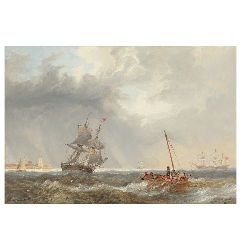 John Wilson Carmichael (British, 1799-1868) Shipping in a choppy sea off a lighthouse (1 of 3)