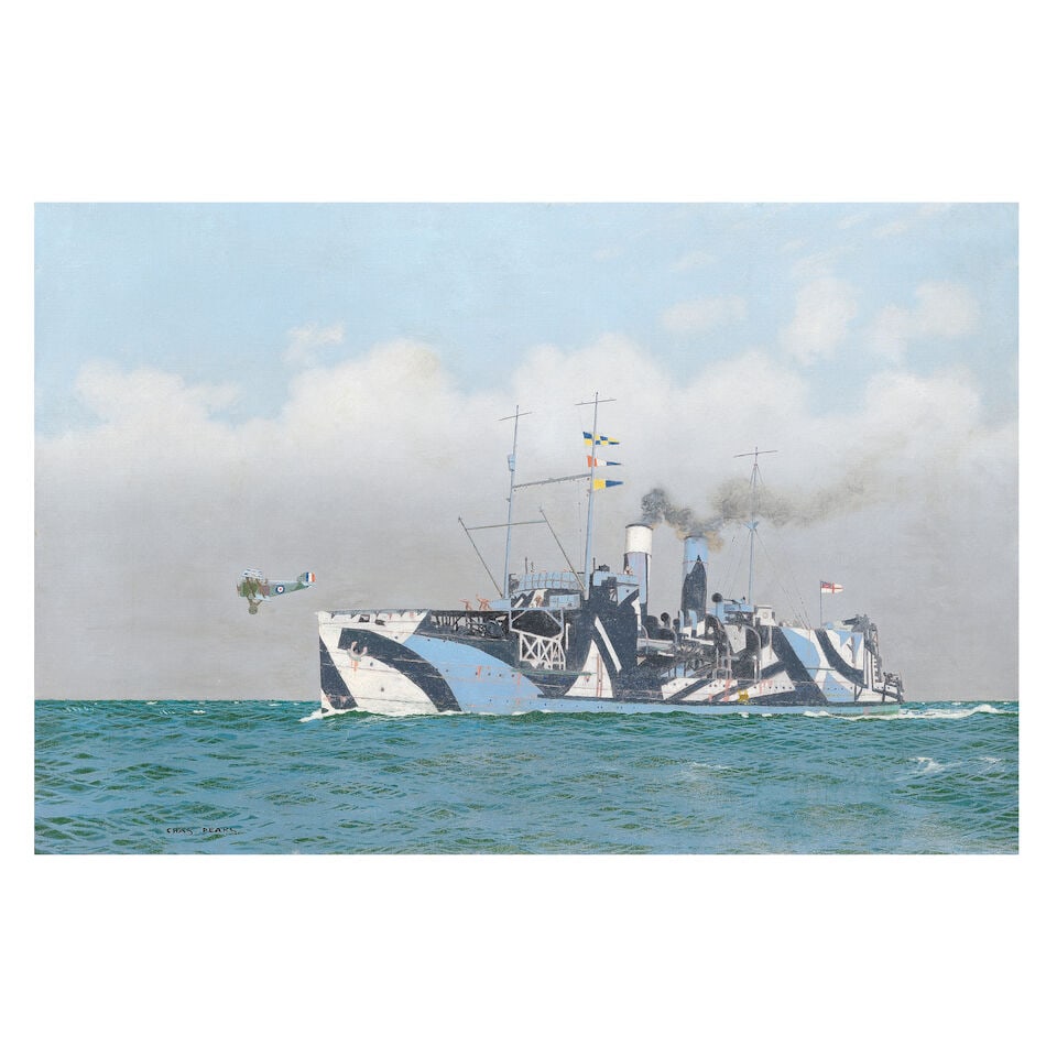 Charles Pears, RSMA (British, 1873-1958) The aircraft carrier H.M.S. Pegasus in dazzle camouflage (1 of 3)