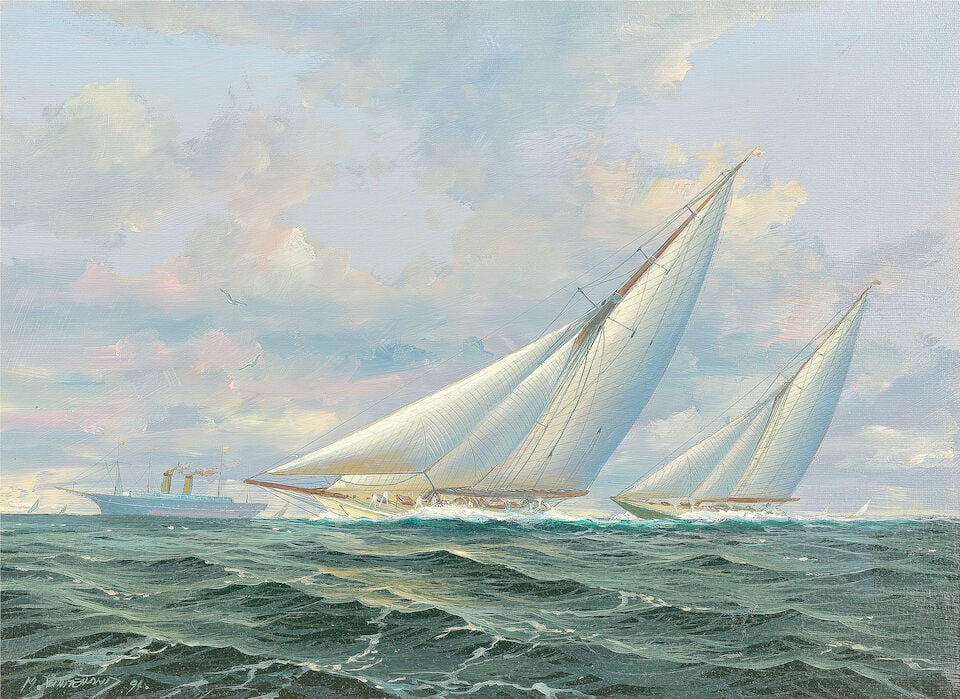 Michael James Whitehand (British, born 1941) Yacht racing with a steamboat in the distance (1 of 3)